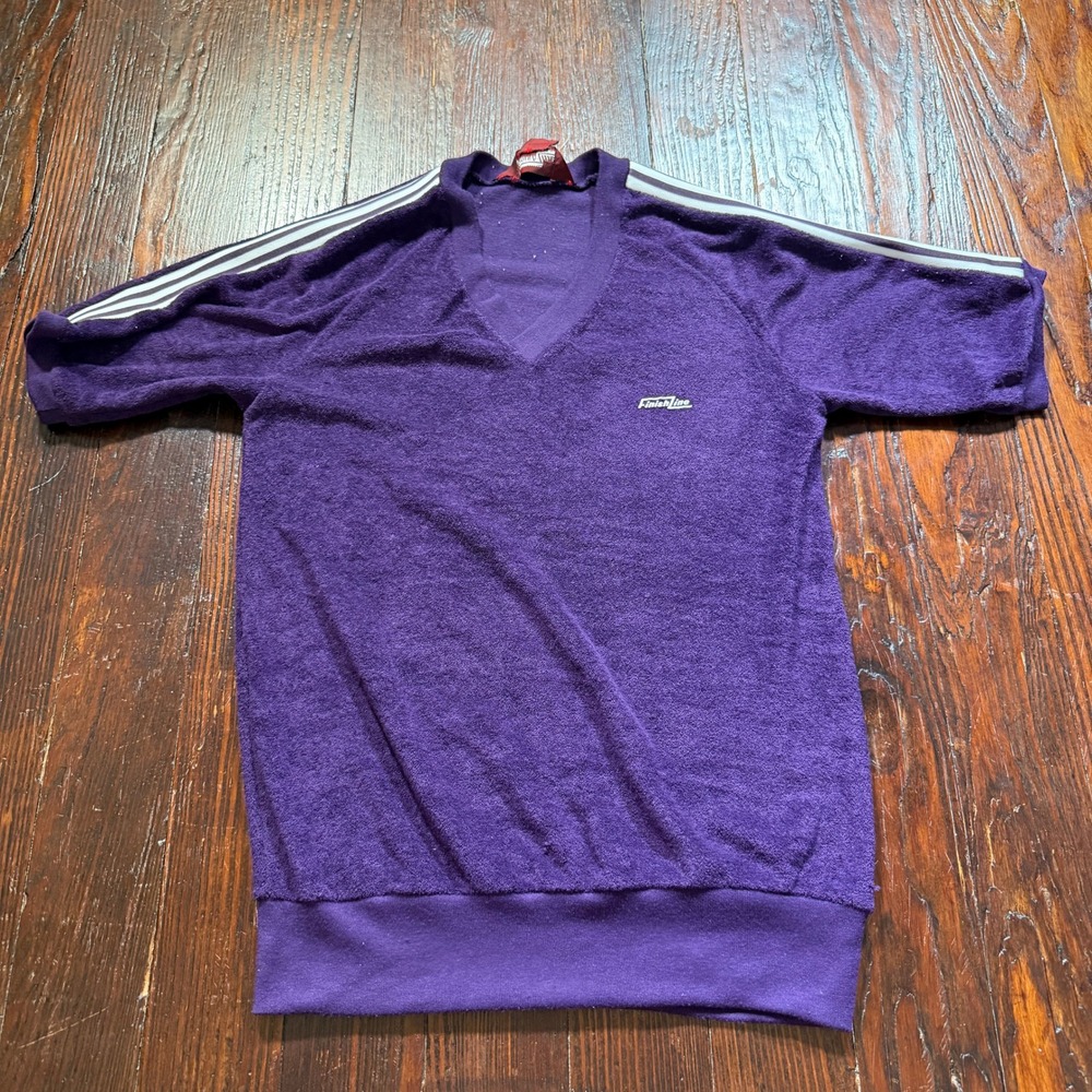Vintage 80s Finish Line Shirt Mens M Purple Velour Racing Stripe V Neck